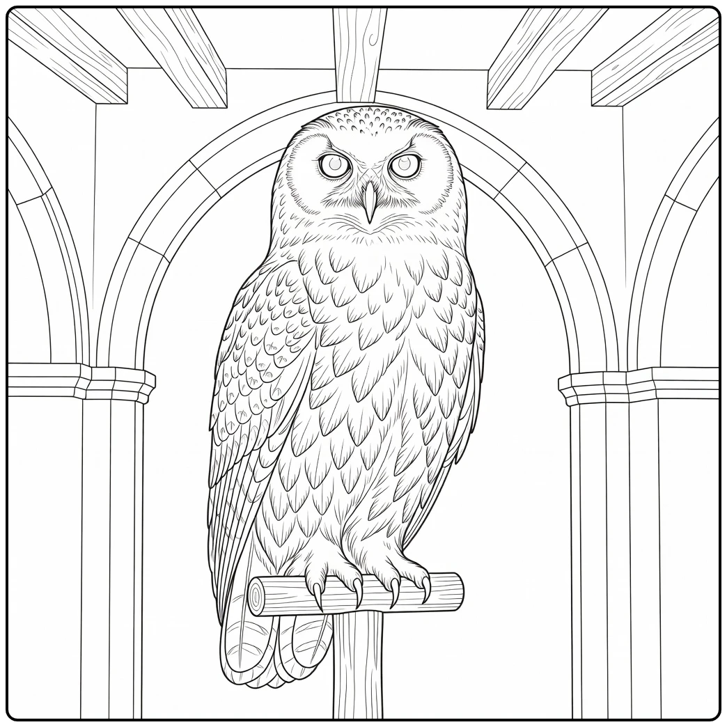 Harry Potter Hedwig in Hogwarts Owlery coloring page