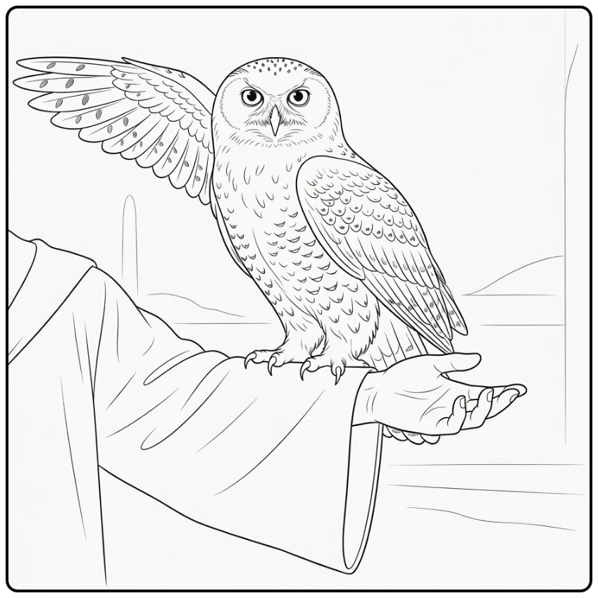 Hedwig Harry Potter coloring page perched on Harry's arm with raised wings