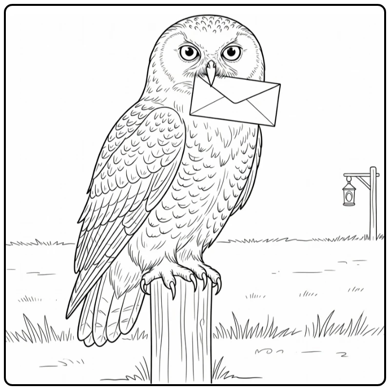 Hedwig Harry Potter on Fence Post with Envelope in Beak coloring page