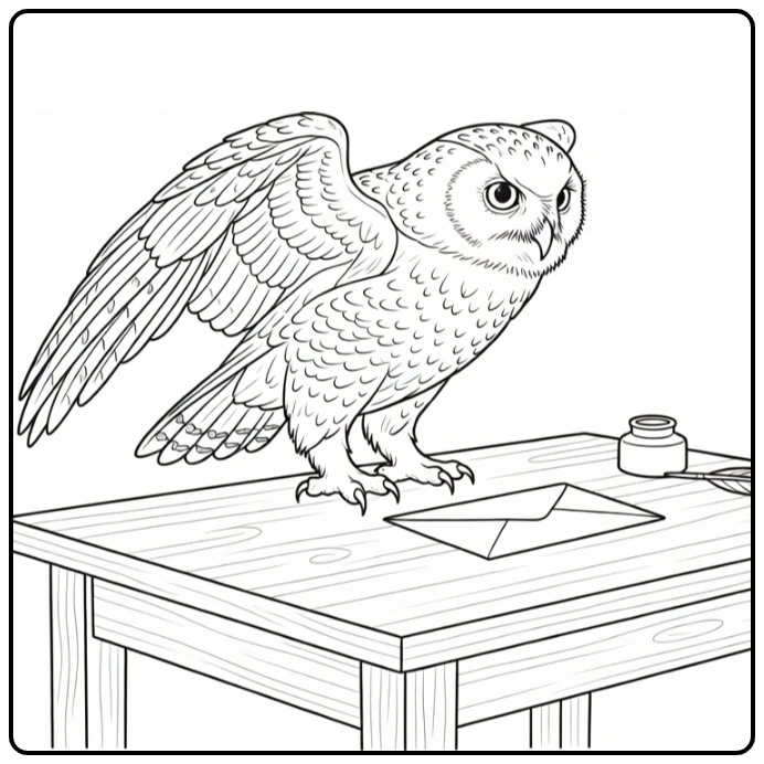 Hedwig Harry Potter Owl on Wooden Table with Envelope coloring page