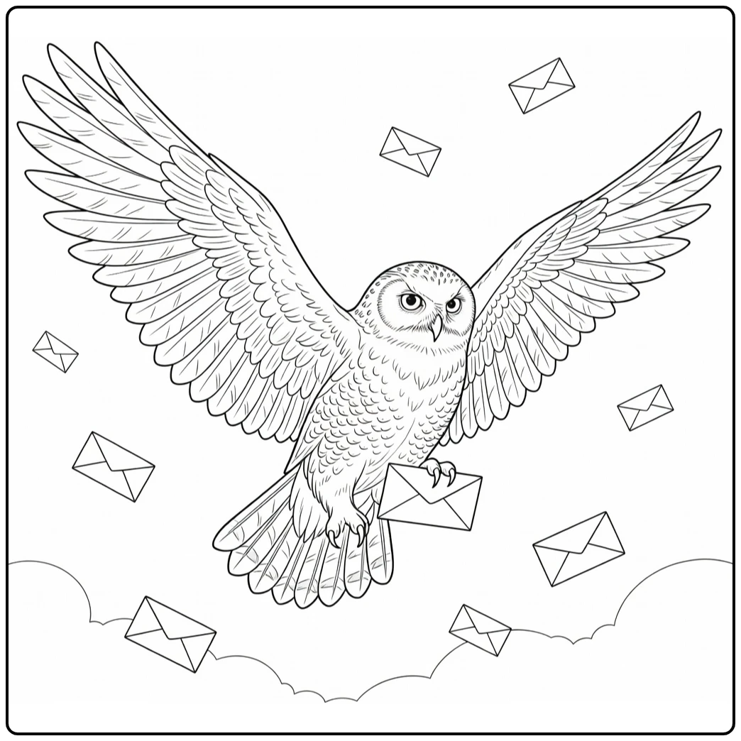 Spreading Wings with Letter Hedwig Harry Potter coloring page