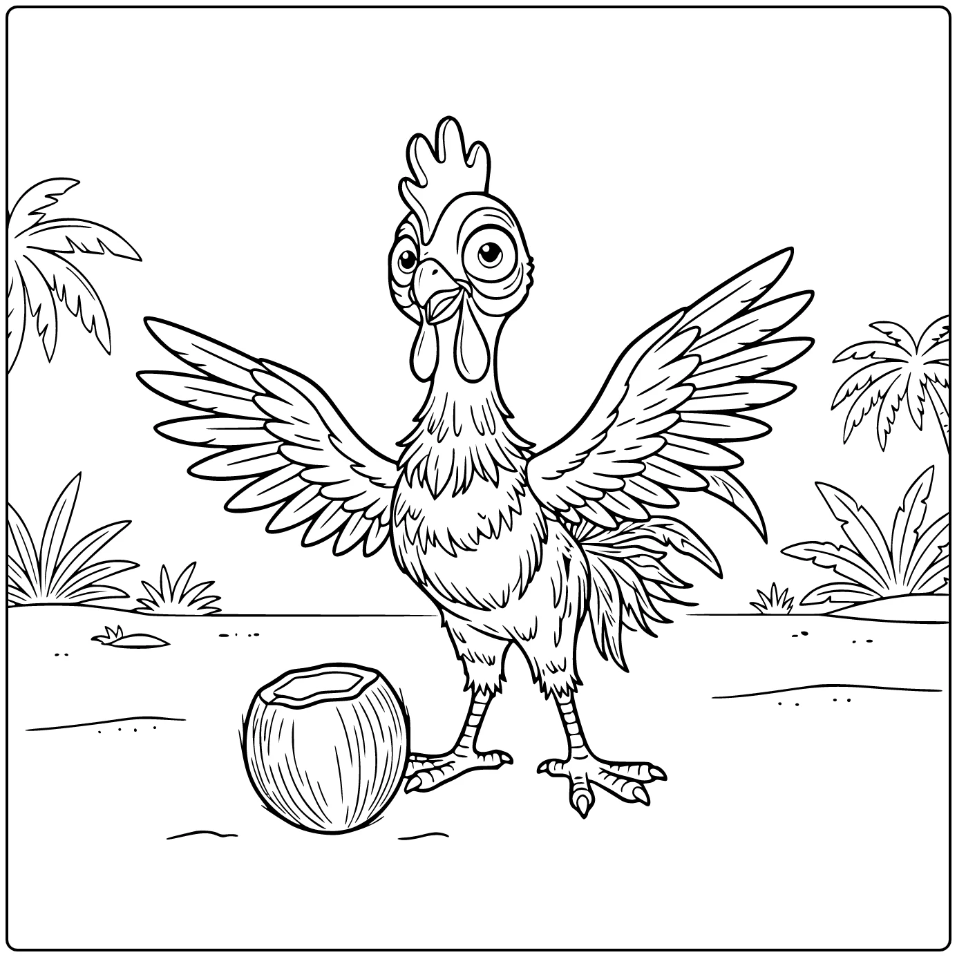 Heihei Clumsy Flapping Wings Next to Coconut coloring page