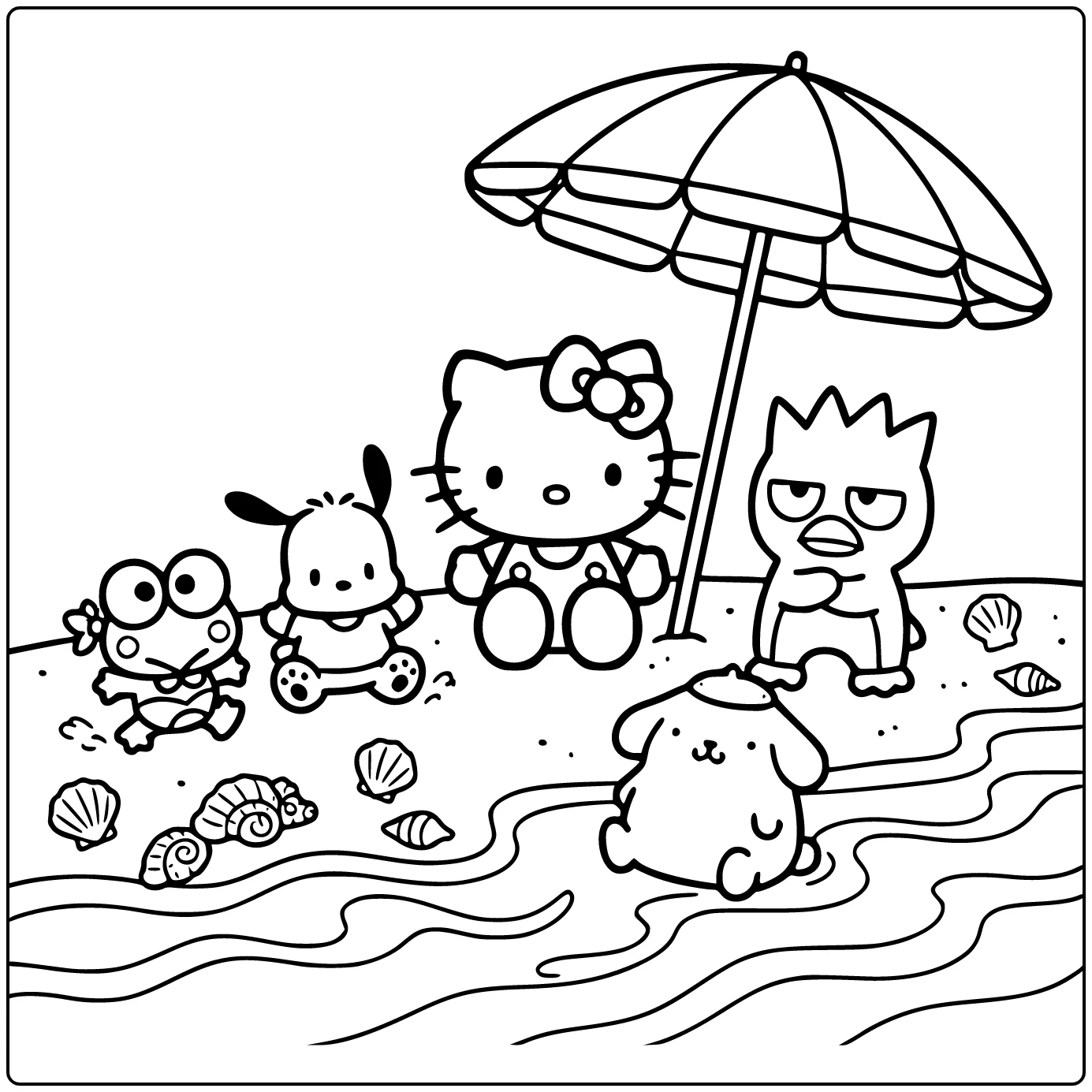Sanrio Hello Kitty in the Center and Keroppi coloring page
