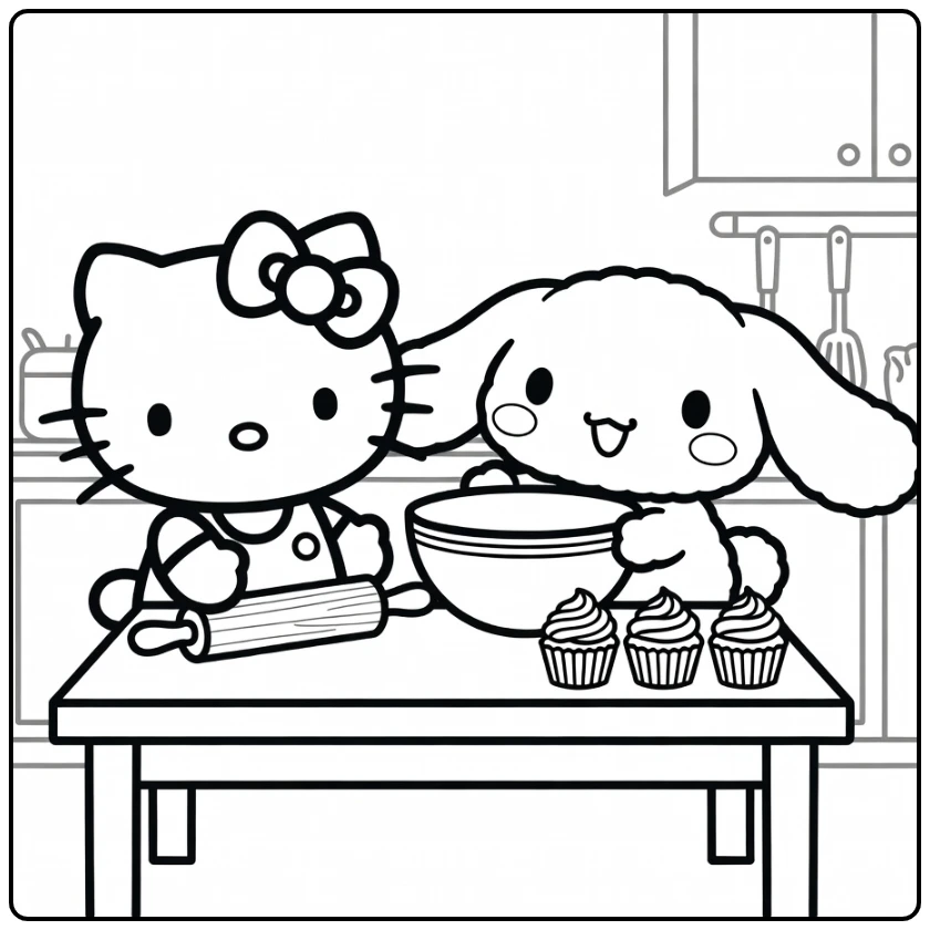 Hello Kitty Cinnamoroll Kitchen Scene coloring page