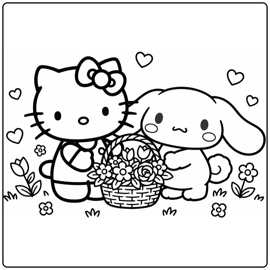 Hello Kitty Cinnamoroll Flowers and Hearts coloring page