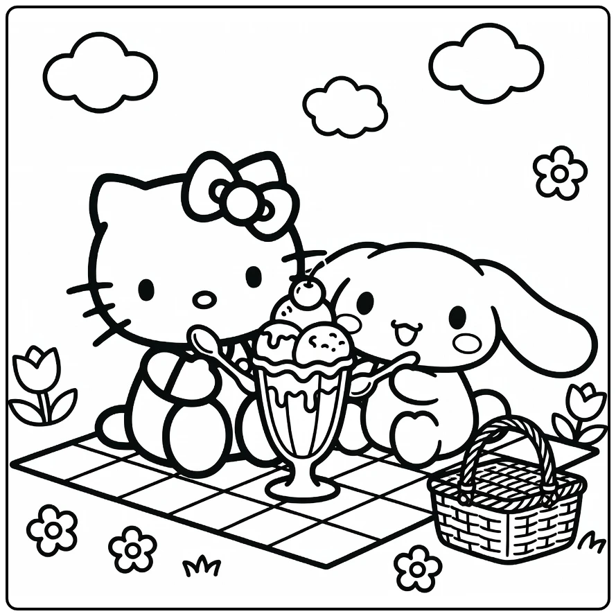 Hello Kitty Cinnamoroll Picnic with Ice and Clouds coloring page