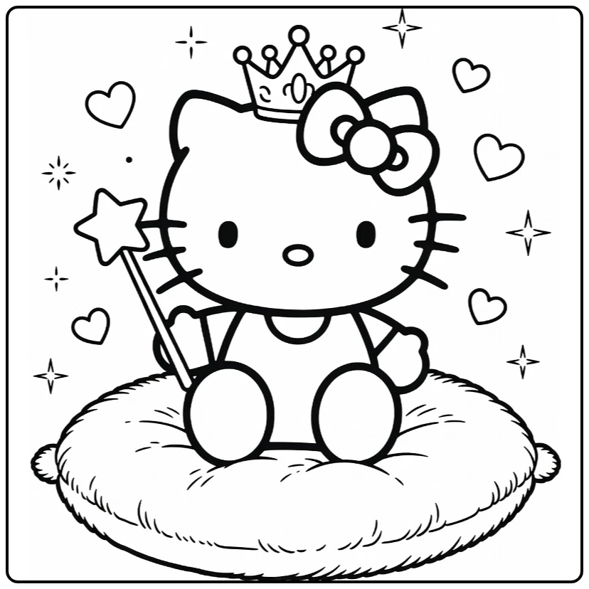 cute Hello Kitty coloring page as a princess with a crown, star wand, and hearts