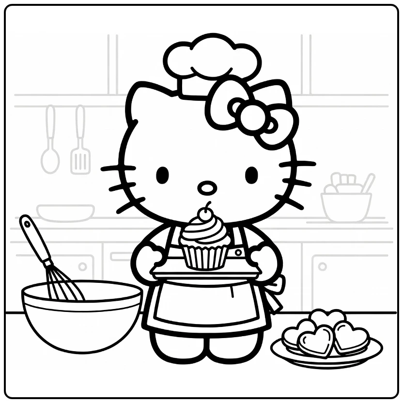 Hello Kitty Cute Baker with Heart Cookies and Whisk coloring page