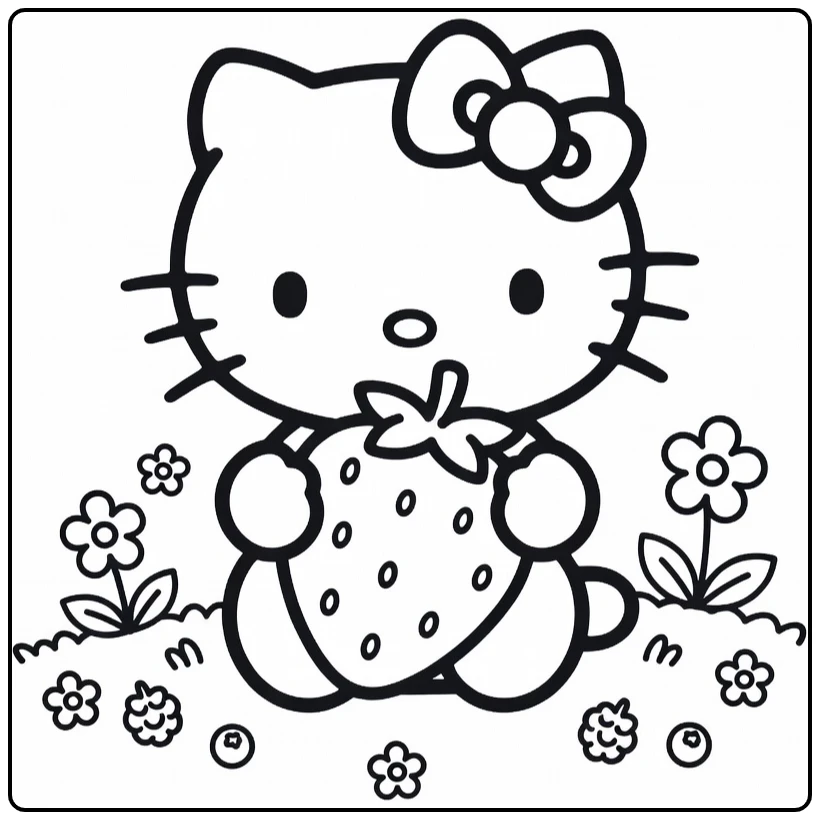 Hello Kitty Cute Strawberry Holding in Garden coloring page