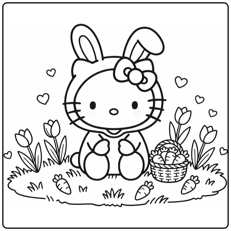 Hello Kitty in Cute Spring with Tulips coloring page