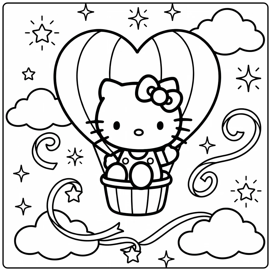 Hello Kitty Cute Kawaii Sky Adventure Heart Balloon coloring page
