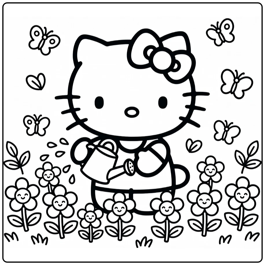 Hello Kitty Cute Butterflies in Kawaii Garden coloring page