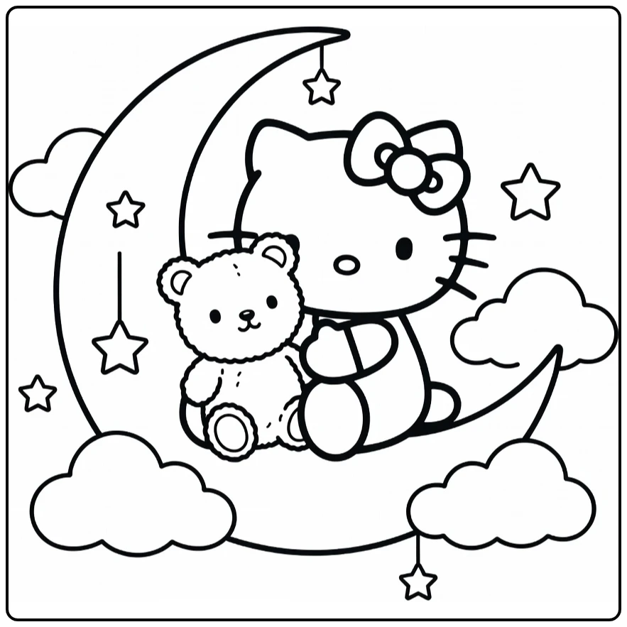 Hello Kitty Cute on Half Moon with Bear and Clouds coloring page