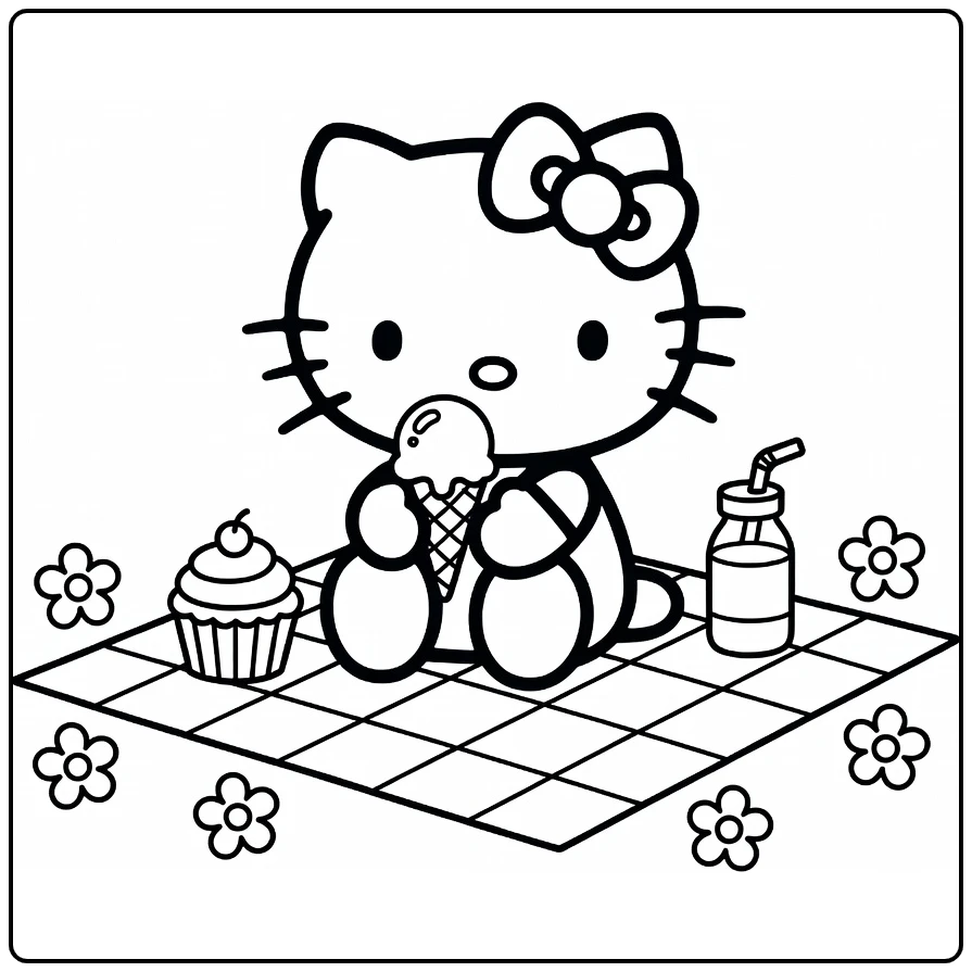 Hello Kitty Cute on Picnic with Ice and Flowers coloring page