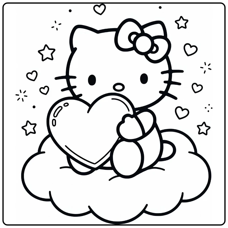 Hello Kitty Cute on Fluffy Cloud coloring page