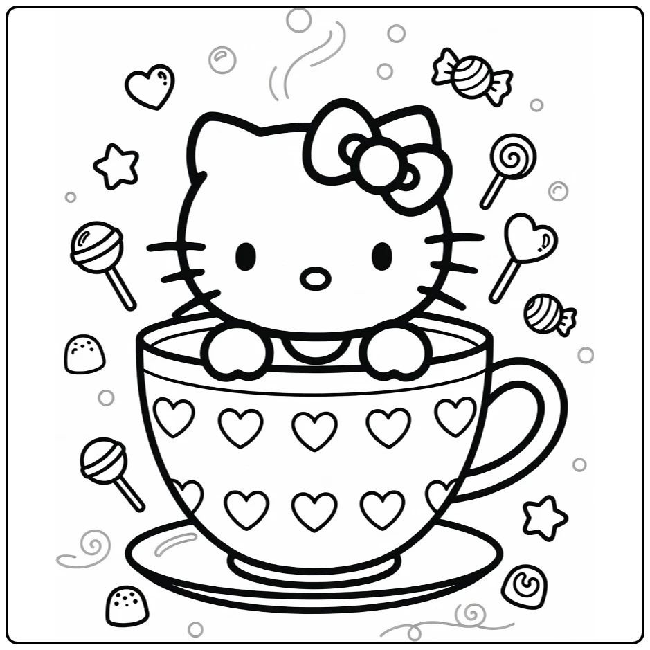 Hello Cute Cheerful Kitty Peeking from Cup coloring page