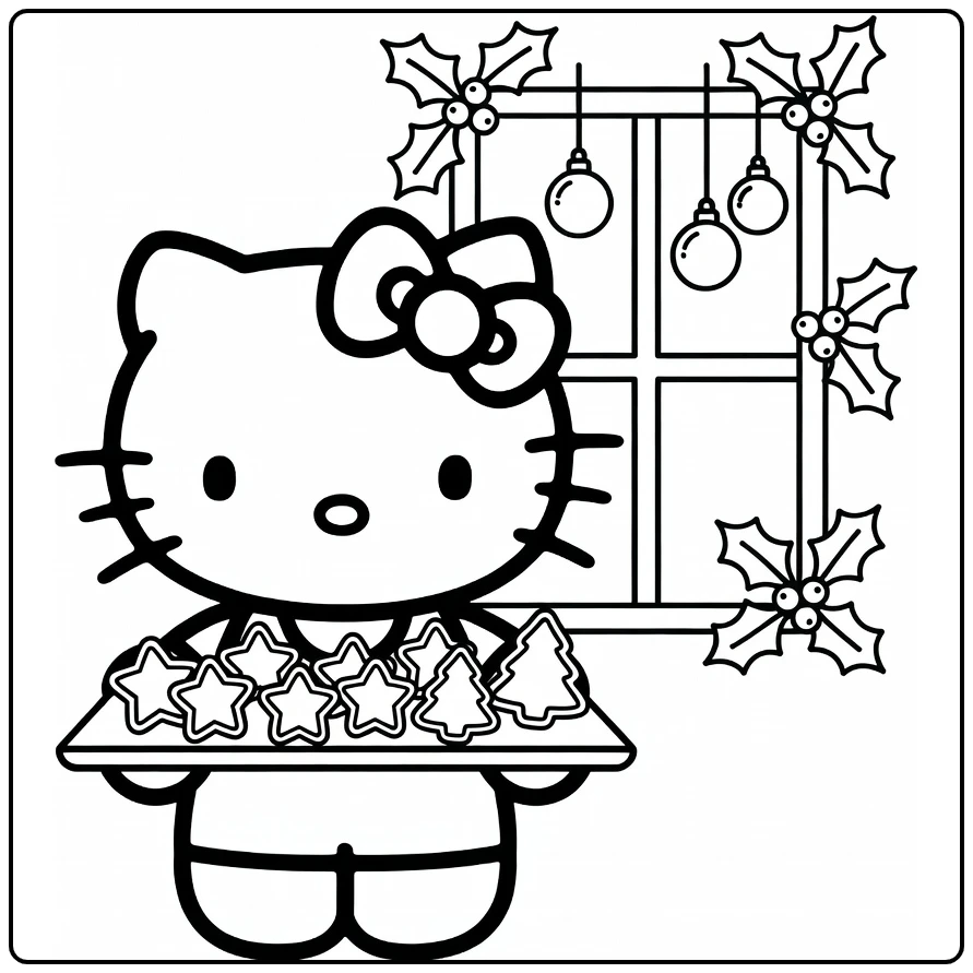 Hello Kitty Christmas Window with Ornaments coloring page