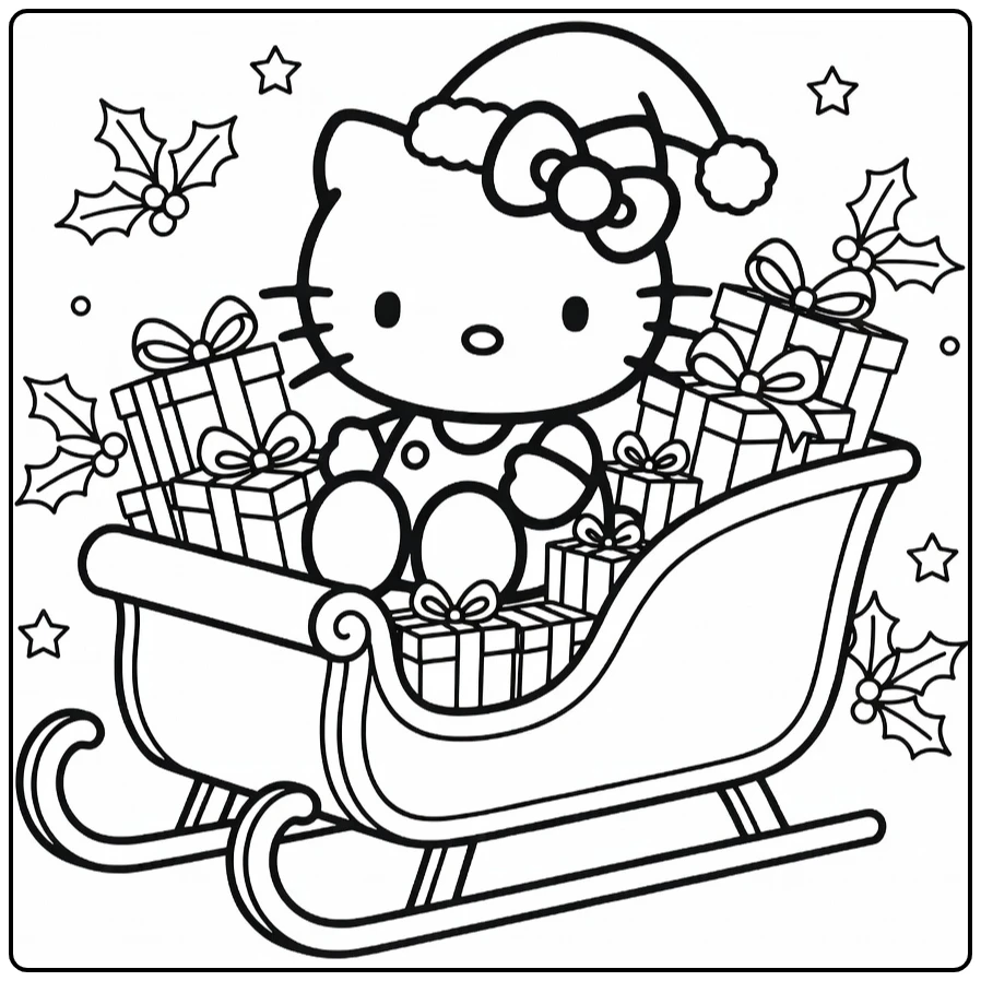 Christmas Hello Kitty in Cozy Sleigh coloring page