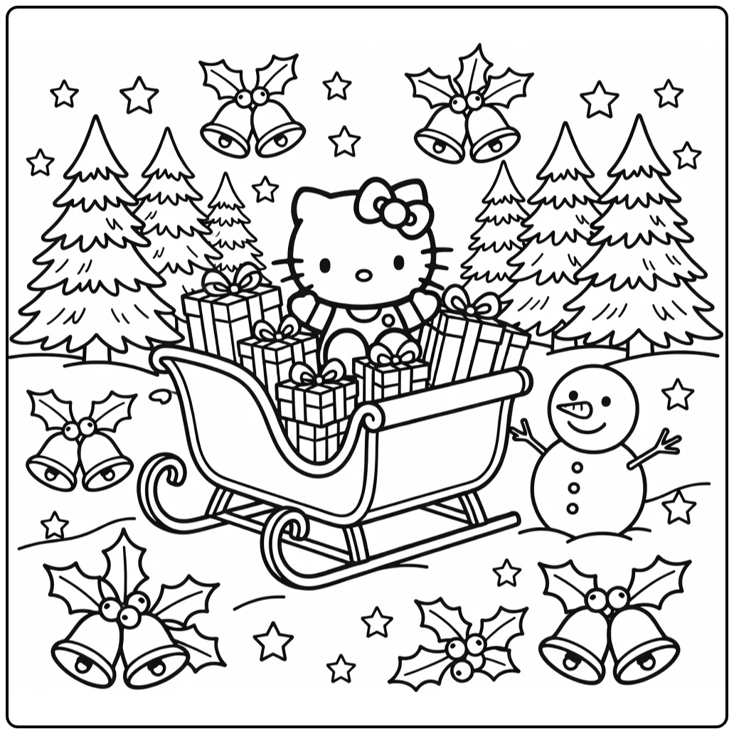 Hello Kitty on Christmas Sleigh with Snowman coloring page