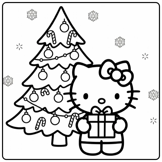 Hello Kitty with Decorated Christmas Tree coloring page