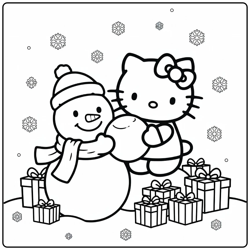 Hello Christmas Kitty Building Snowman coloring page