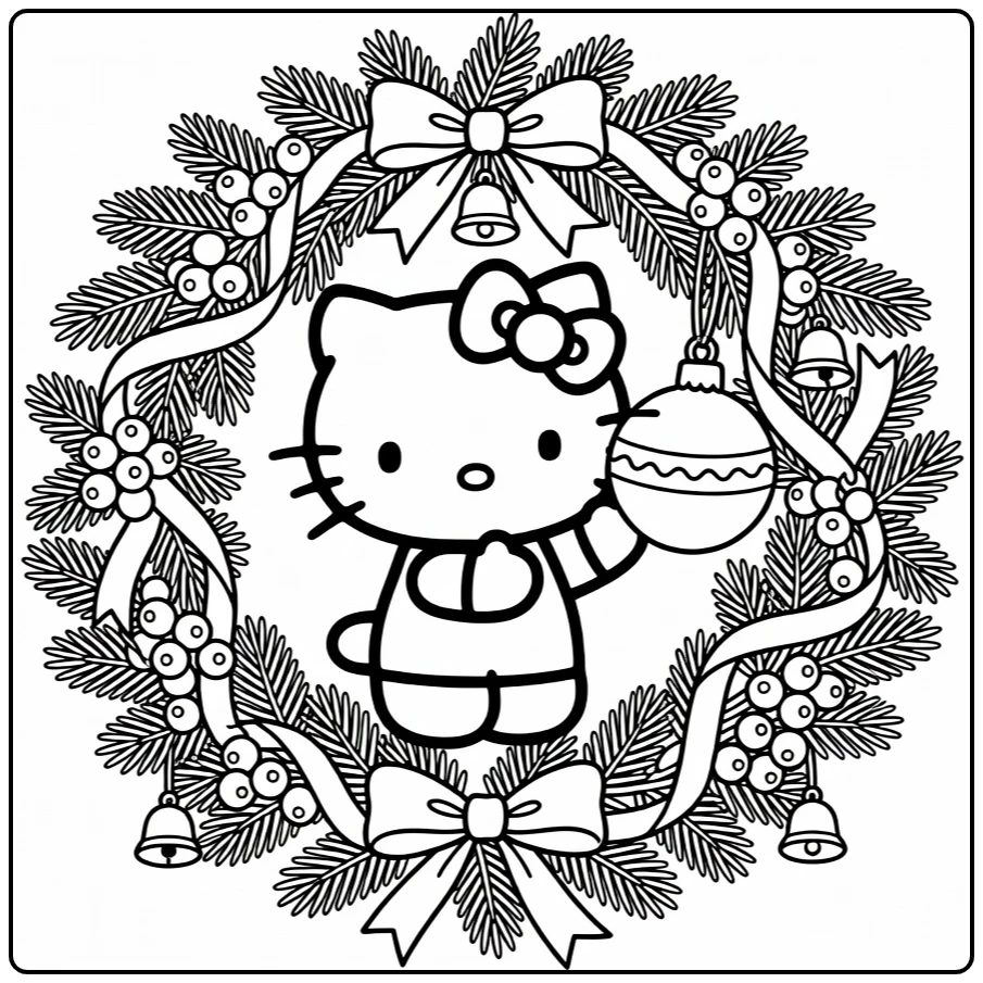 Hello Christmas Kitty Hanging Big Ornament on Wreath coloring page