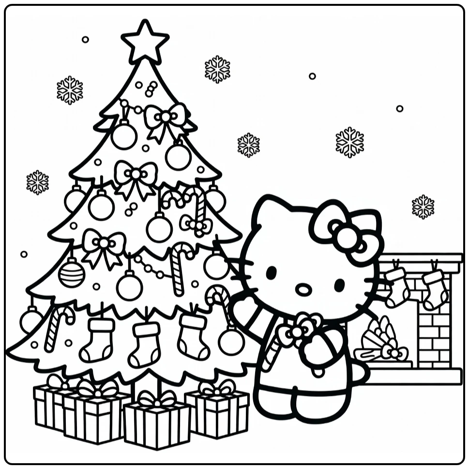 Hello Kitty Decorating a Christmas Tree coloring page