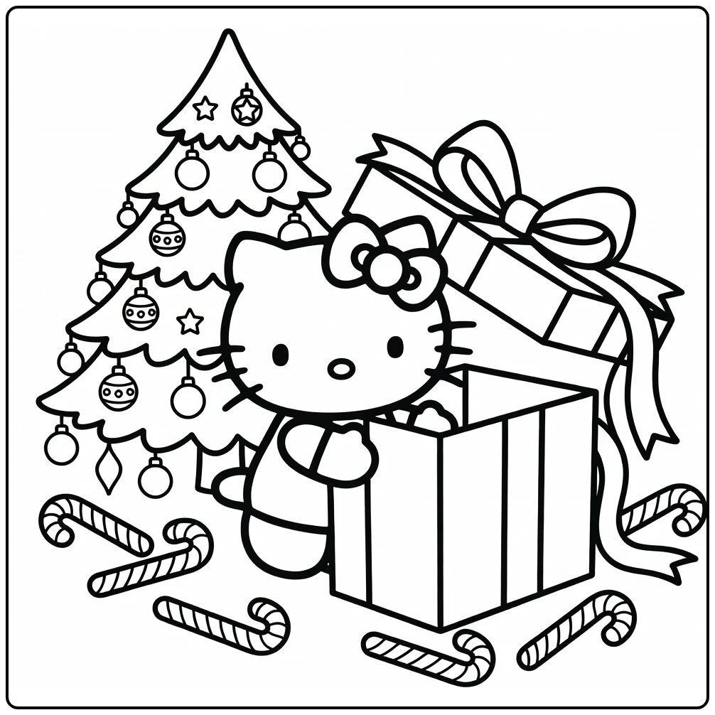 Hello Kitty Christmas Big Gift and Tree coloring page