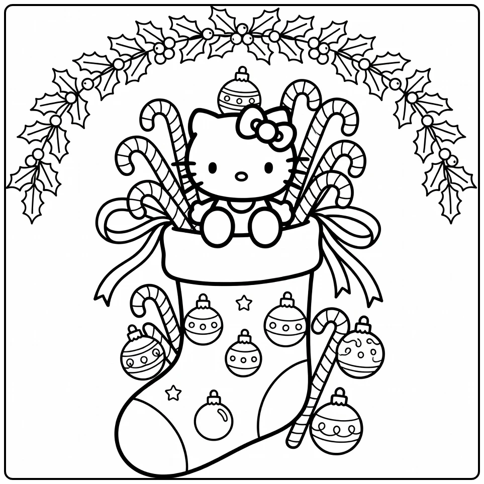 Christmas Hello Kitty in Festive Stocking coloring page