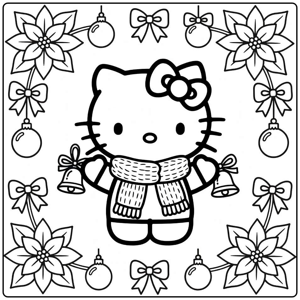 Hello Kitty Scarf and Ringing Christmas Bell coloring page