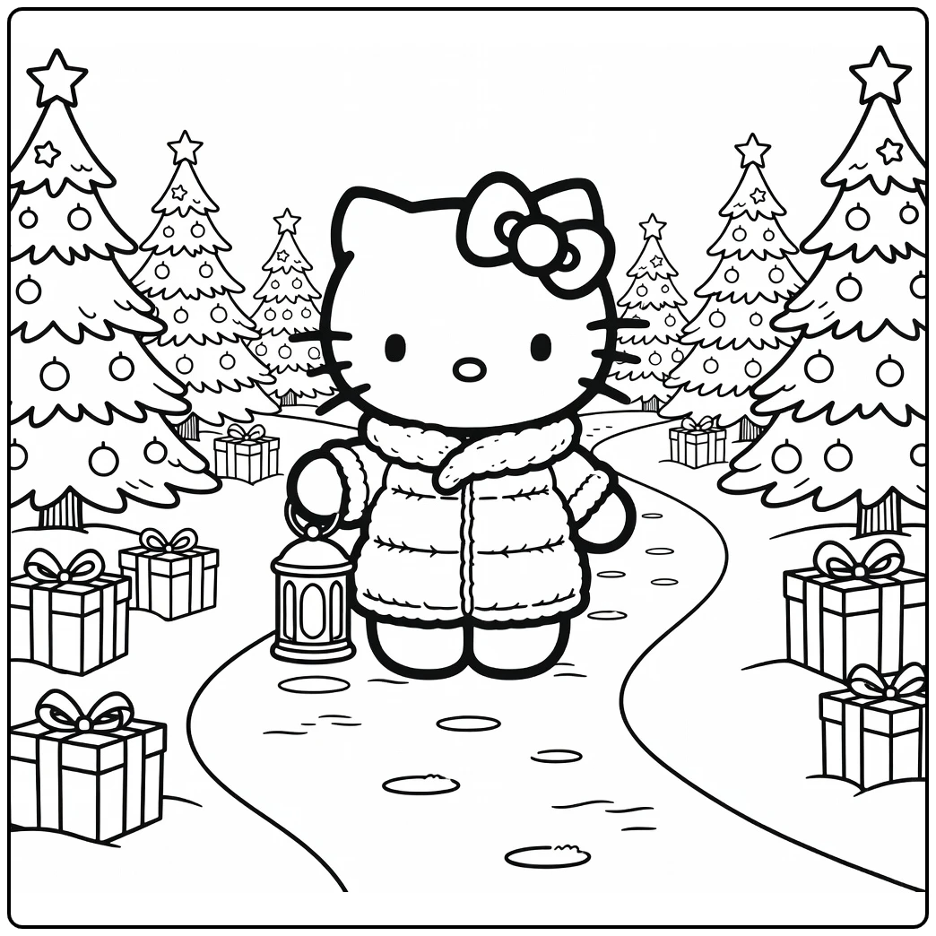 Hello Kitty Christmas coloring page on a snowy path with a lantern and gifts