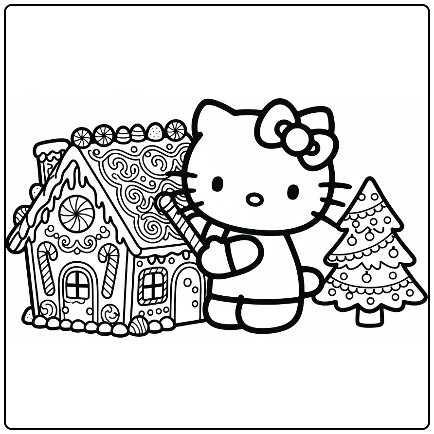 Hello Kitty Gingerbread House and Christmas Tree coloring page
