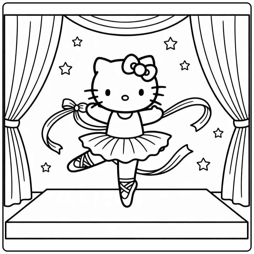 Hello Kitty as Ballerina with Stars and Curtains coloring page