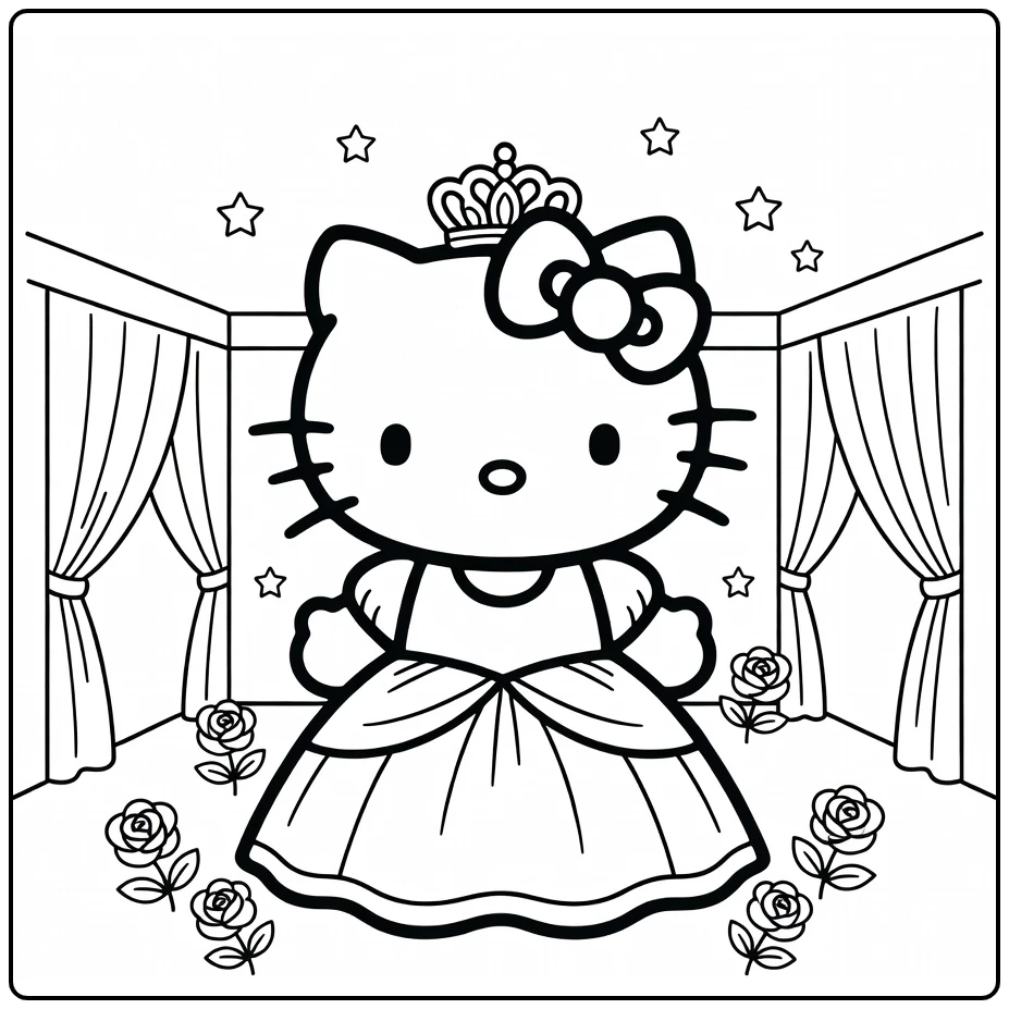 Hello Kitty as Princess in Castle Courtyard with Stars coloring page