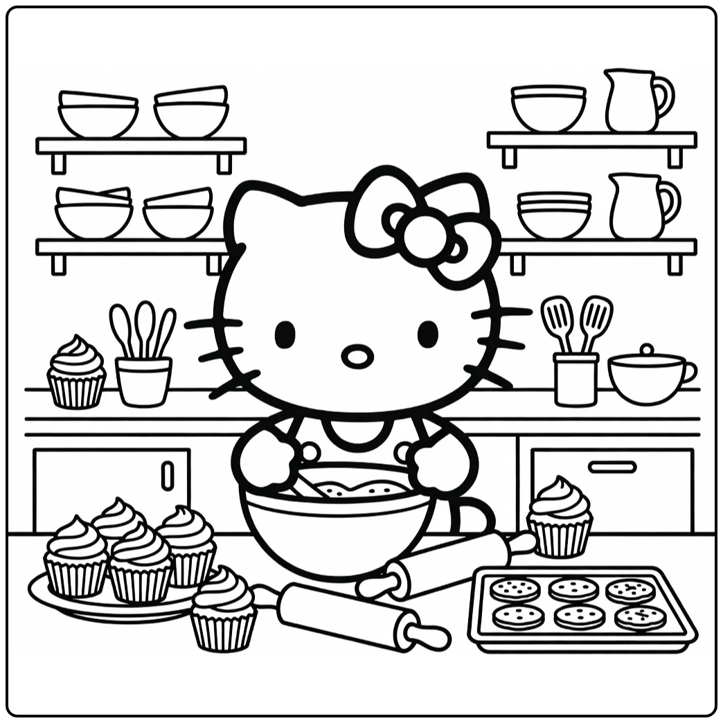 Hello Kitty Baking with Cookies and Mixing Bowl coloring page