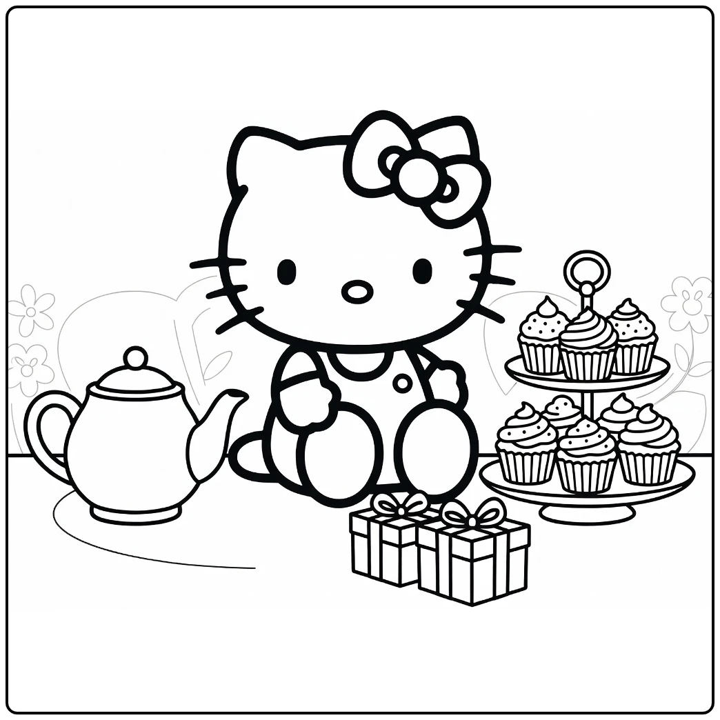 Hello Kitty Cozy Tea Party Scene coloring page