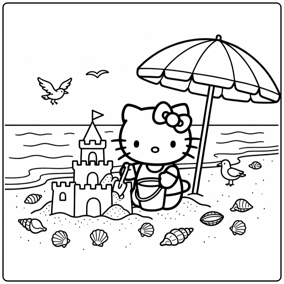 Hello Kitty Building Sand Castle at Sea coloring page