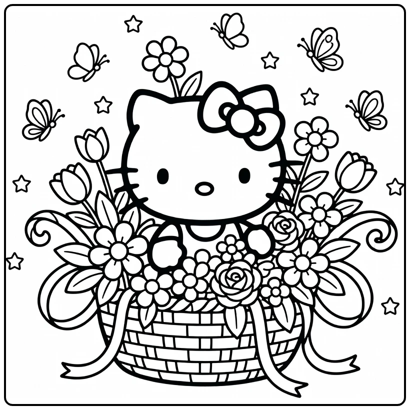 Hello Kitty Cute with Flowers Ribbons Butterflies coloring page