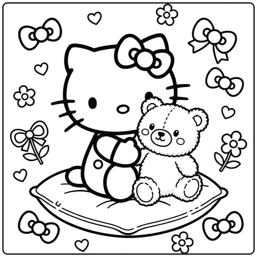 Hello Kitty Cute with Fluffy Bear Bows and Flowers coloring page