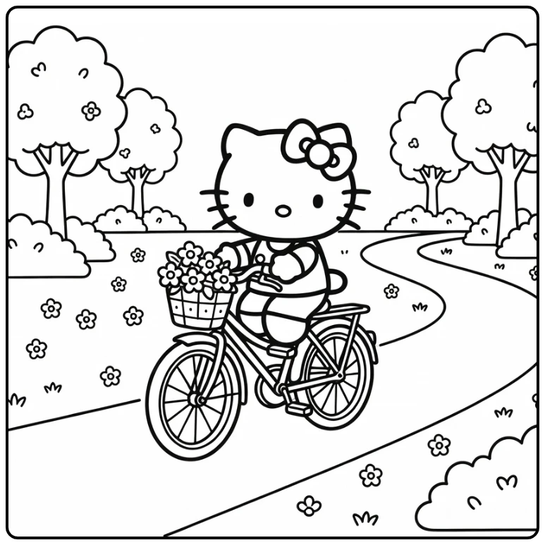 Hello Kitty Bike Ride Through Park with Flowers coloring page