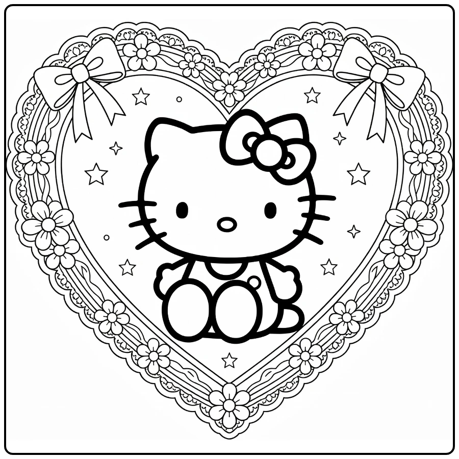 Hello Kitty Heart with Stars and Decorations coloring page