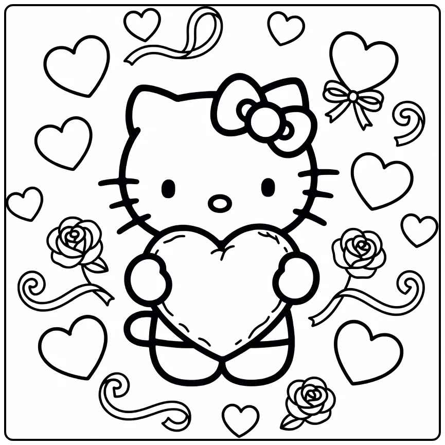 Hello Kitty Heart with Floating Hearts Ribbons coloring page