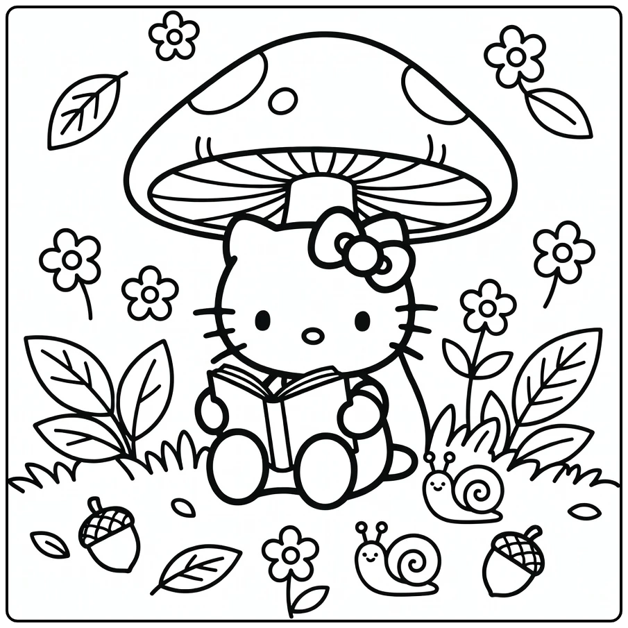 Hello Kitty in Forest with Mushroom and Flowers coloring page