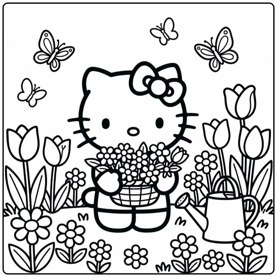 Hello Kitty in Charming Garden with Flowers coloring page