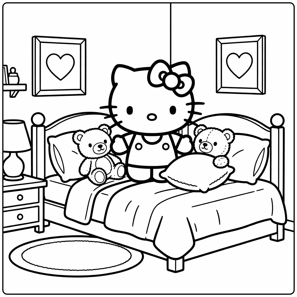 Hello Kitty in Cozy Bedroom with Lamp and Hearts coloring page
