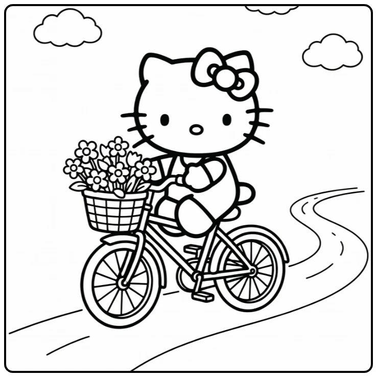 Hello Kitty Easy Riding a Bicycle with Flowers coloring page