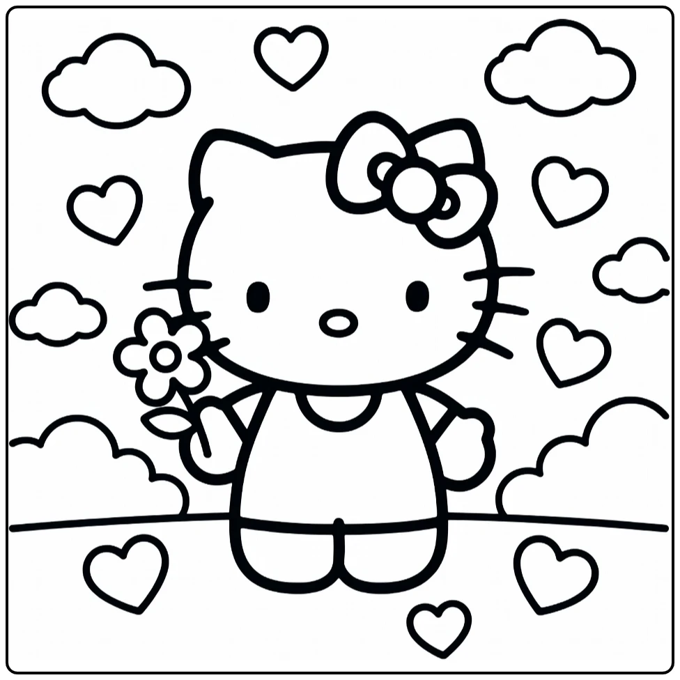 Easy Hello Kitty Smiling with a Flower coloring page