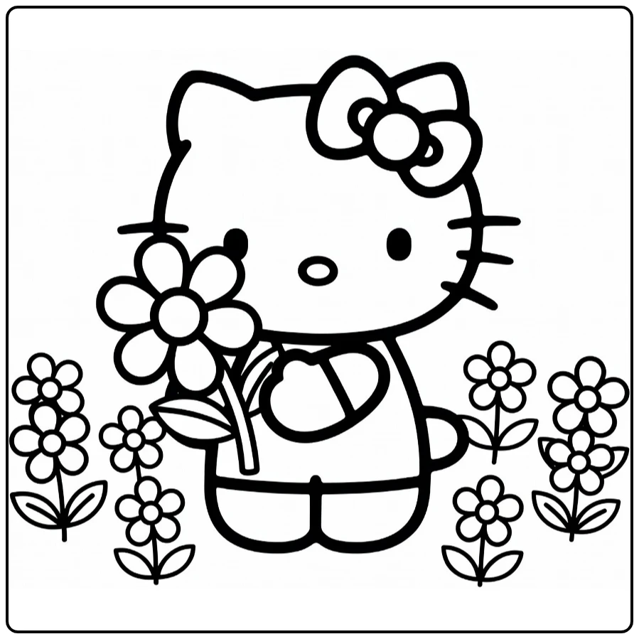Easy Hello Kitty in Flower Bed coloring page