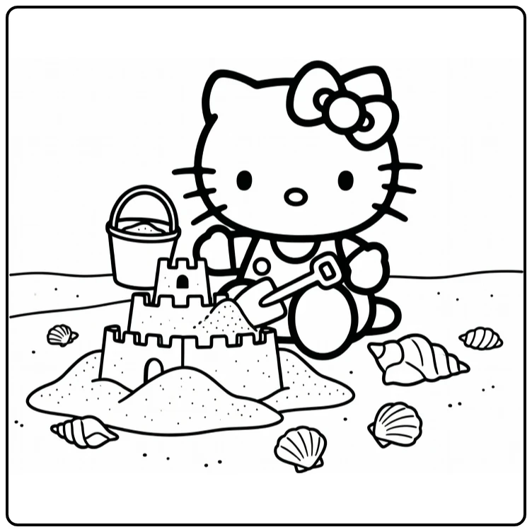 Hello Easy Kitty Building Sand Castle on Beach coloring page