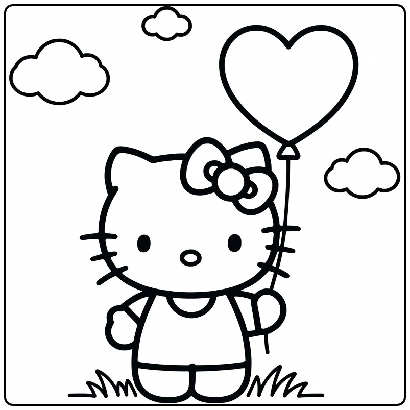 easy Hello Kitty coloring page holding a heart balloon on the grass